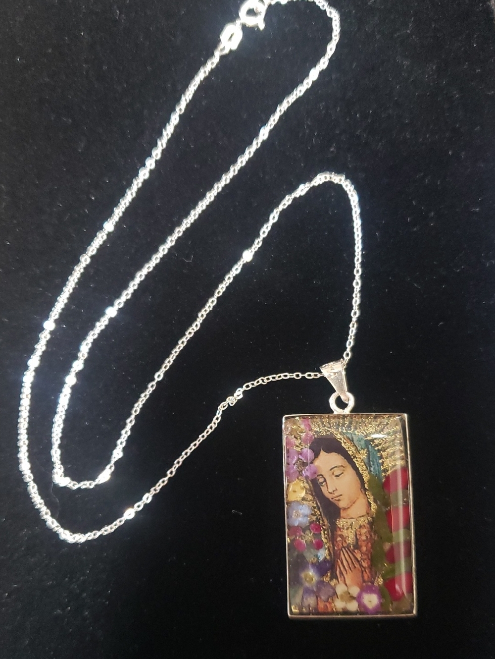 Our Lady of Guadalupe Double-sided Smooth Rectangle Pendant, 18", 925 Silver